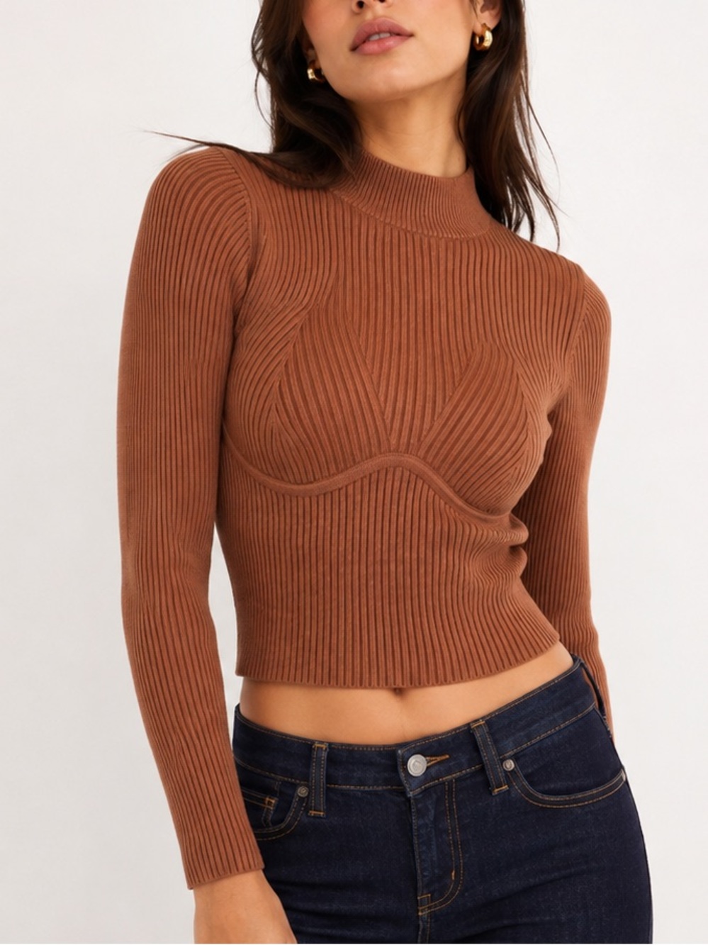 DO+BE Long Sleeve Ribbed Cropped Top Soft Knit Minimalist Chic  | Medium